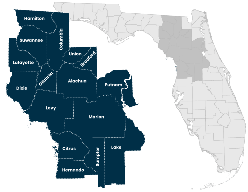 Service area map showing the counties of, Alachua, Bradford, Citrus, Columbia, Dixie, Gilchrist, Hamilton, Hernando, Lafayette, Lake, Levy, Marion, Putnam, Sumter, Suwannee, and Union.